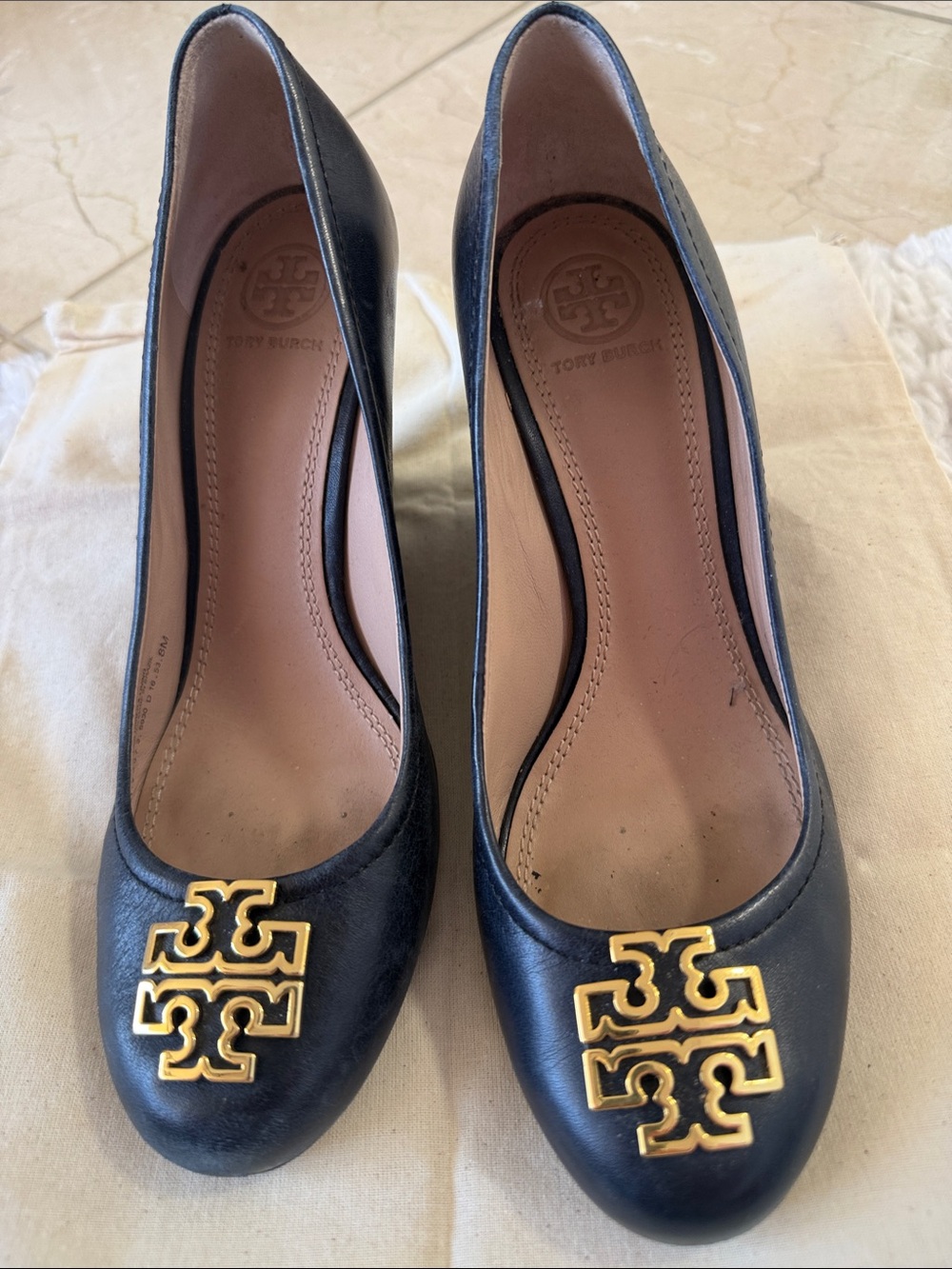 Tory Burch Navy Wedge Heels with Gold Logo